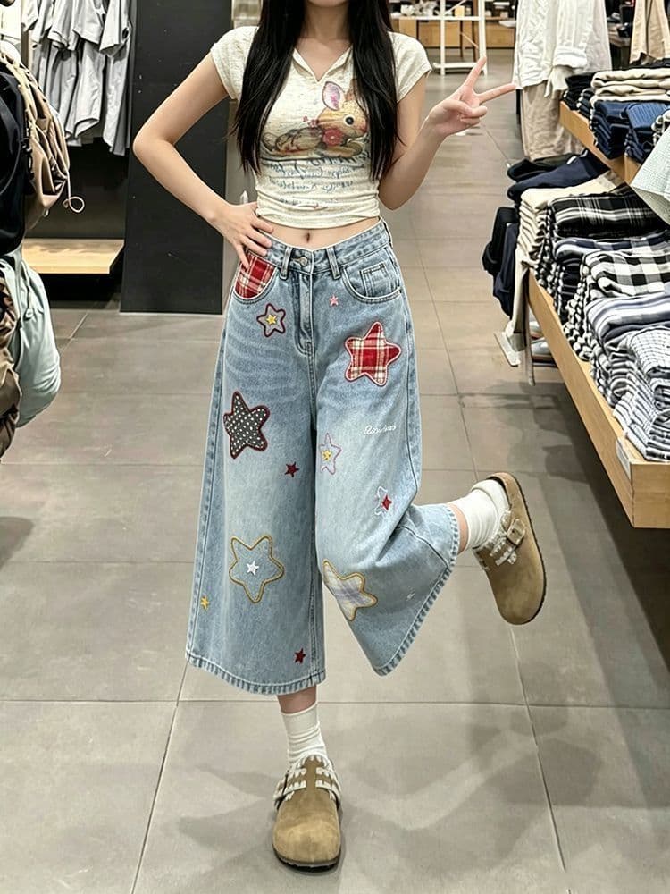 아메리칸 도파민 별 패치 자수 7 점 청바지 여성 여름 새로운 루즈핏 슬림해 보이는 넓은 다리 7부 바지 상세 이미지 7