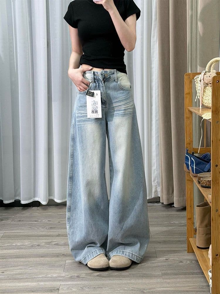핫걸 아메리칸 레트로 워싱 주머니 자수 청바지 여성 가을 하이웨이스트 루즈핏 슬림해 보이는 넓은 다리 바닥 청소 긴 바지 이미지 4