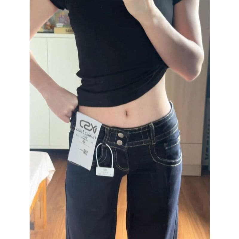 작은 키 단 닝 블루 레트로 더블 버클 로우 웨이스트 부츠컷 청바지 여성 가을 높음 거리 핫걸 슬림해 보이는 호스 슈 긴 바지 이미지 5