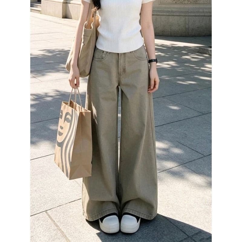 작은 키 아메리칸 카키 색 워싱 다용도 스트레이트 청바지 여성 가을 하이웨이스트 루즈핏 캐주얼 슬림해 보이는 긴 바지