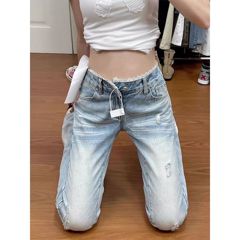 작은 키 레이스 조각 연삭 구멍 부츠컷 청바지 여성 가을 로우 웨이스트 슬림해 보이는 아니요 막대기 다리 나팔 바지 이미지 2