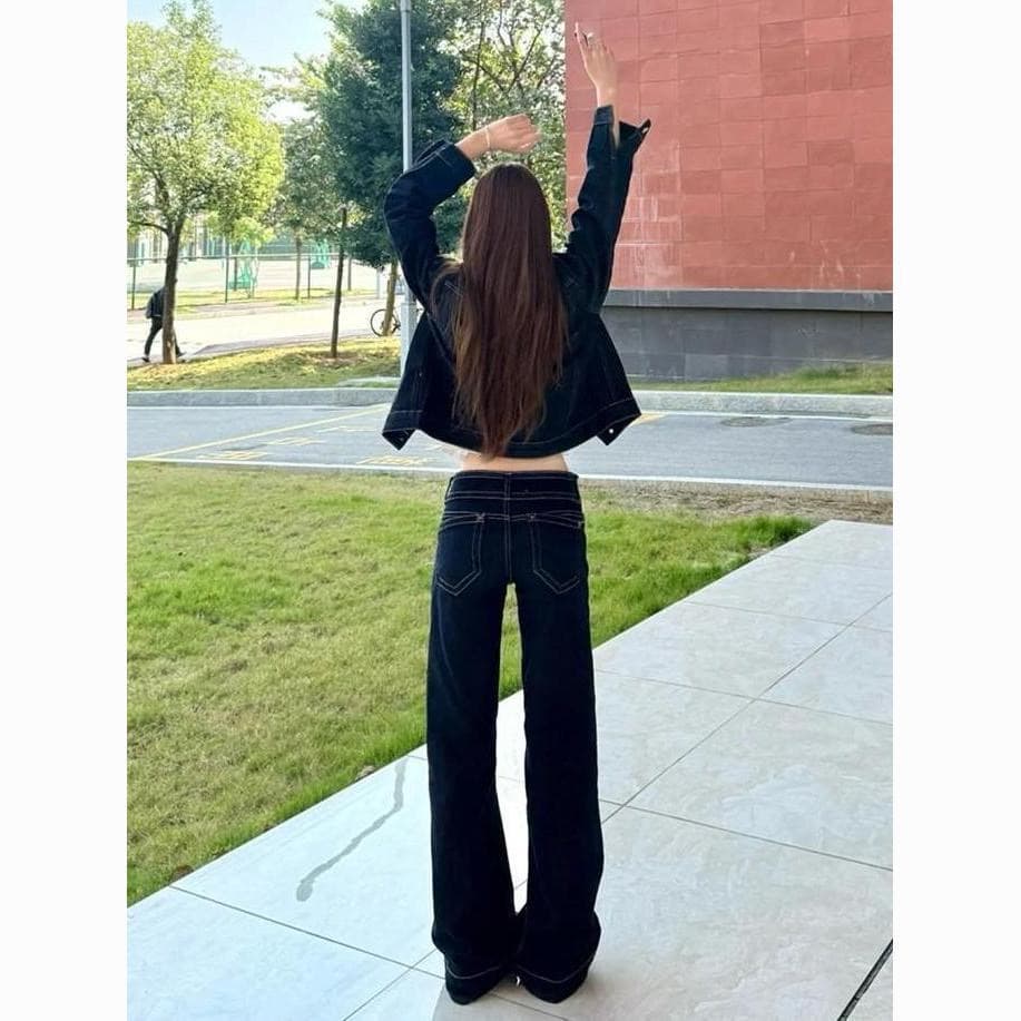 작은 키 아메리칸 작은 대중 부츠컷 넓은 다리 청바지 여성 가을 로우 웨이스트 루즈핏 다용도 스트레이트 나팔 바지 이미지 5