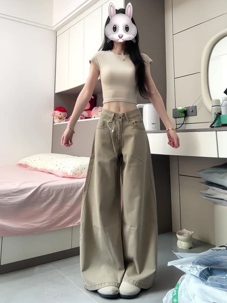 작은 키 레트로 아메리칸 카키 색 캐주얼 넓은 다리 청바지 여성 가을 하이웨이스트 슬림해 보이는 다용도 도루 센스 긴 바지 상세 이미지 4