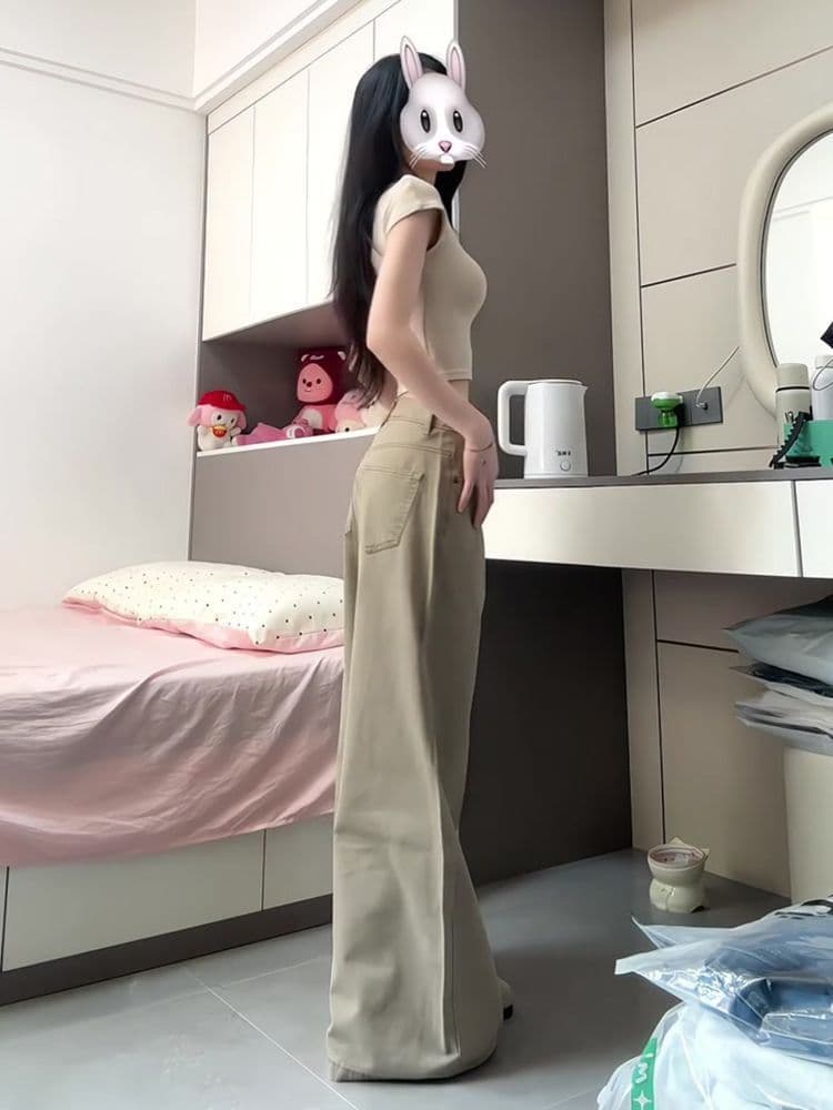 작은 키 레트로 아메리칸 카키 색 캐주얼 넓은 다리 청바지 여성 가을 하이웨이스트 슬림해 보이는 다용도 도루 센스 긴 바지 상세 이미지 7