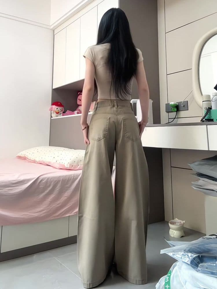 작은 키 레트로 아메리칸 카키 색 캐주얼 넓은 다리 청바지 여성 가을 하이웨이스트 슬림해 보이는 다용도 도루 센스 긴 바지 상세 이미지 8