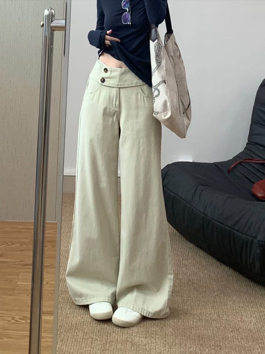 카키 색 더블 버클 하이웨이스트 넓은 다리 청바지 여성 도루 센스 표지 고기 슬림해 보이는 루즈핏 표지 넓적 다리 스트레이트 바닥 청소 롱 바지 상세 이미지 10