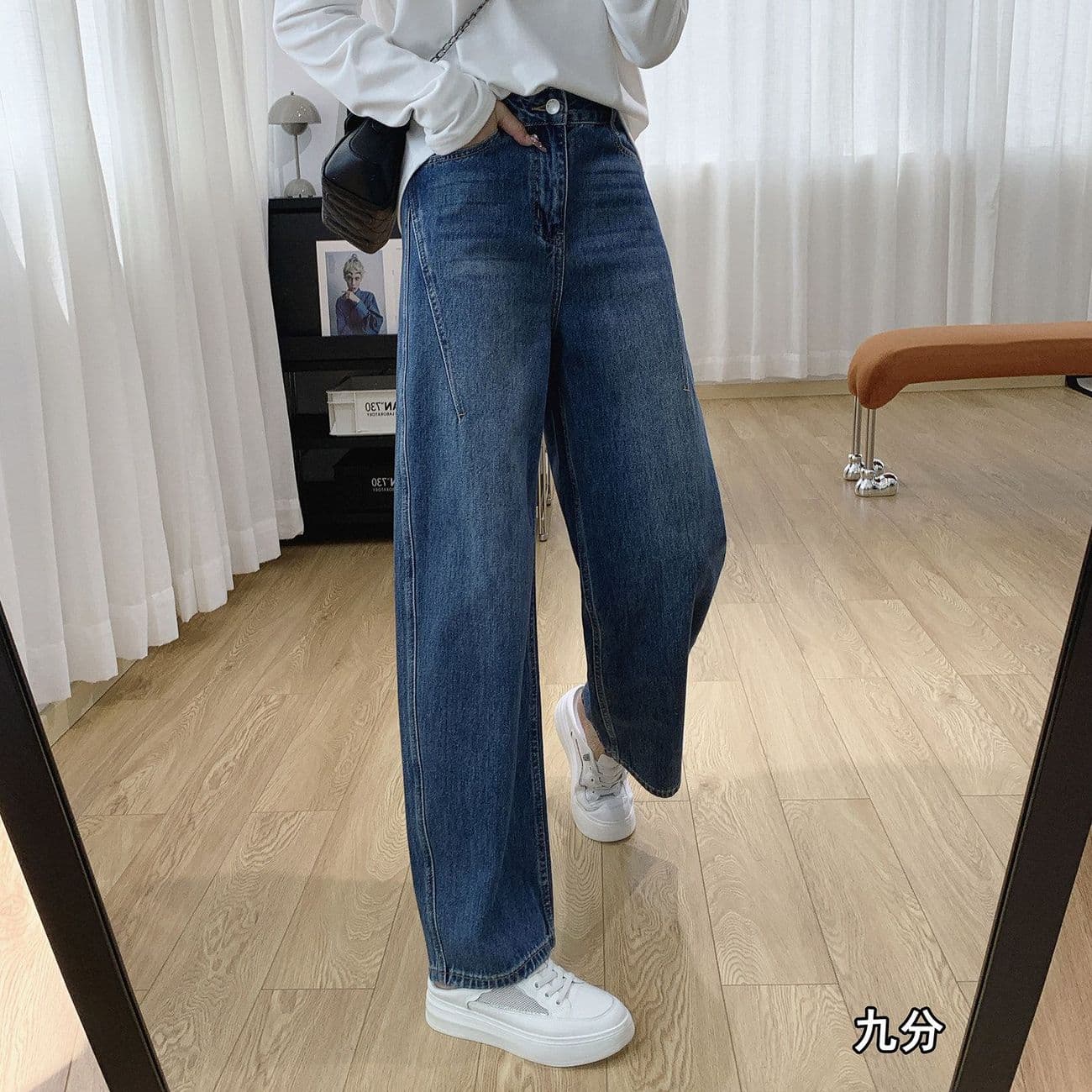 하이웨이스트 슬림해 보이는 워크웨어 모통이 칼 청바지 여성 가을 바지 루즈핏 다용도 스트레이트 와이드 레그 팬츠 바나나 낫 바지 이미지 4