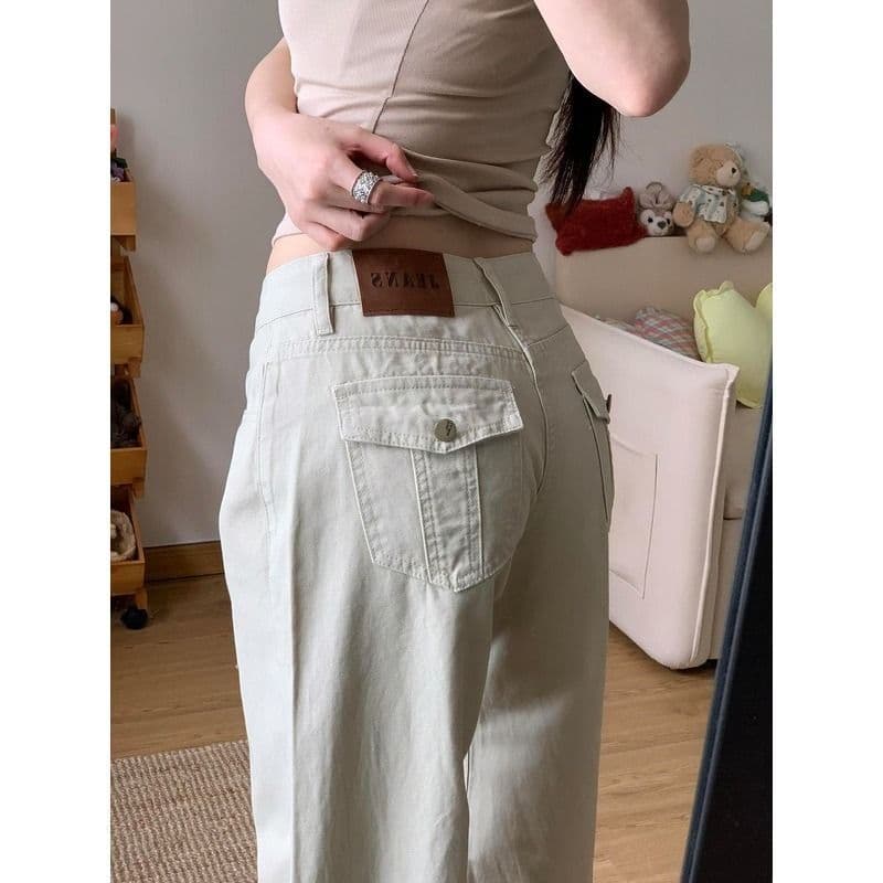 작은 키 아메리칸 살구 색상 워싱 스트레이트 청바지 여성 가을 이후 주머니 디자인 하이웨이스트 슬림해 보이는 루즈핏 긴 바지 이미지 4