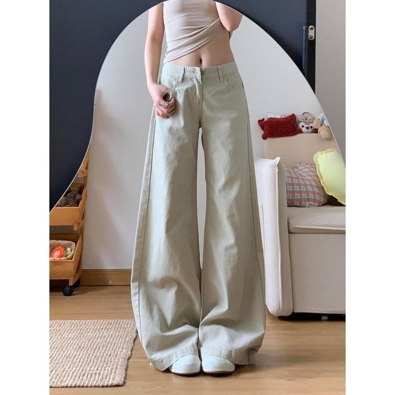 작은 키 아메리칸 살구 색상 워싱 스트레이트 청바지 여성 가을 이후 주머니 디자인 하이웨이스트 슬림해 보이는 루즈핏 긴 바지 상세 이미지 1