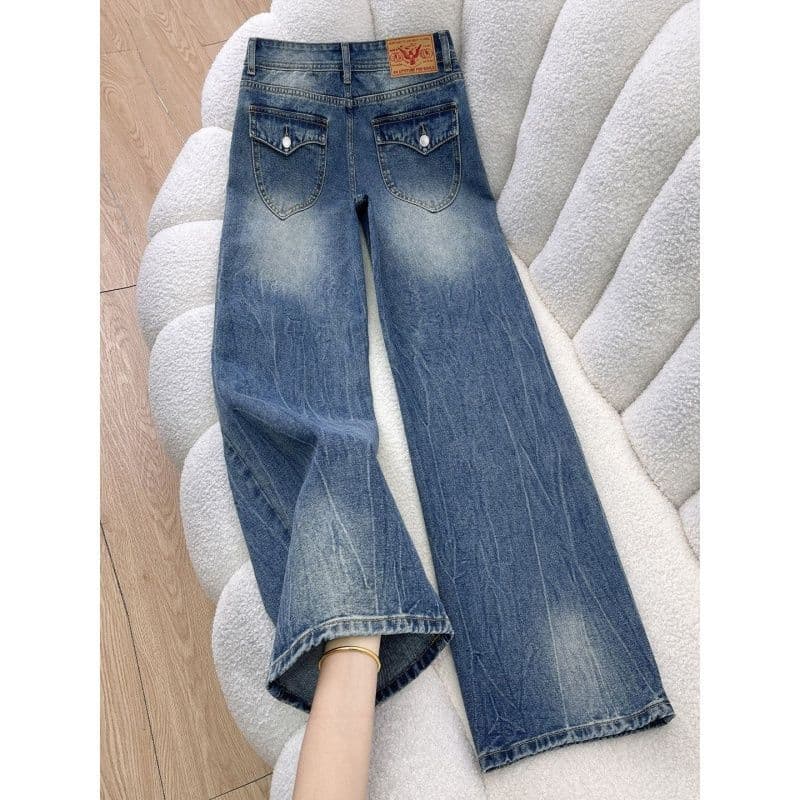 아메리칸 워싱 넓은 다리 청바지 여성 가을 새로운 이후 부서 버클 플립 커버 주머니 느슨함 센스 모통이 칼 바닥 청소 긴 바지