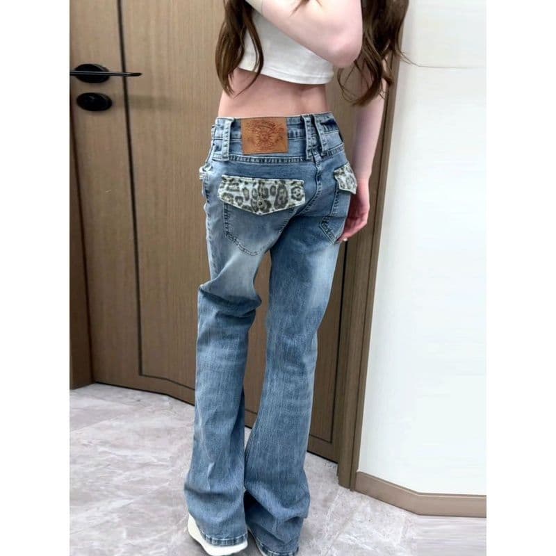 아메리칸 한국 스타일 핫걸 레오파드 무늬 로우 웨이스트 스트레이트 디자인 작은 대중 패치워크 청바지 패션 몸매 가꾸기 바닥 청소 청바지 상세 이미지 4