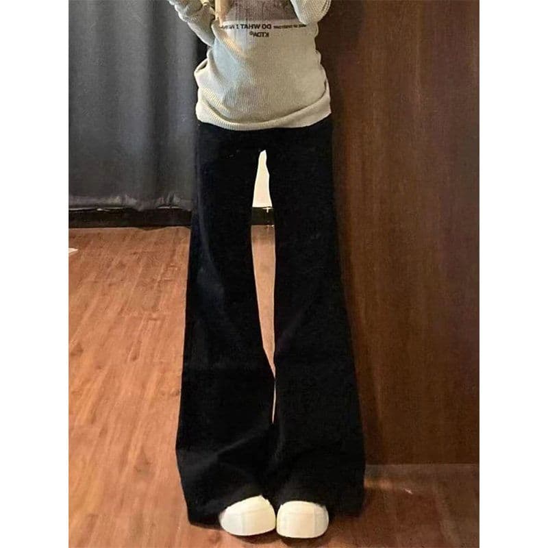 아메리칸 검정색 부츠컷 핫걸 로우 웨이스트 청바지 여성 가을 새로운 몸매 가꾸기 슬림해 보이는 바닥 청소 다용도 나팔 바지