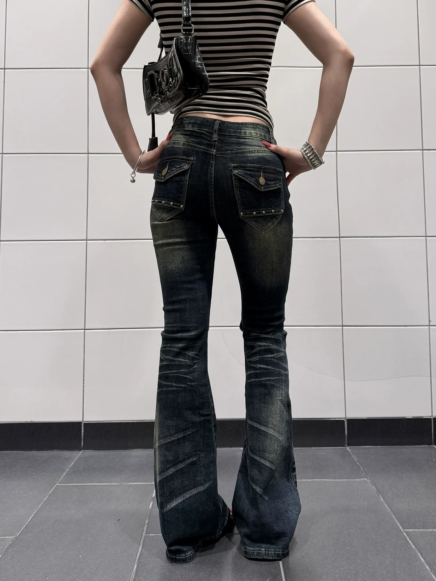 아메리칸 레트로 워싱 마 오래된 십자가 핫픽스 부츠컷 청바지 거리 핫걸 몸매 가꾸기 슬림해 보이는 디자인 긴 바지 이미지 2