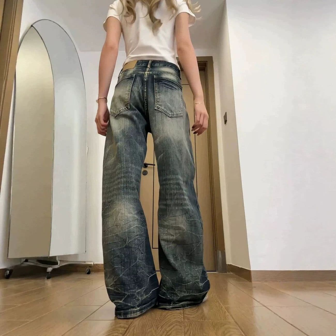 작은 대중 느긋한 아메리칸 2026 여름 와이드 레그 팬츠 대나무 마디 워싱 레트로 슬림해 보이는 불모지 바람 바닥 청소 모통이 칼 청바지