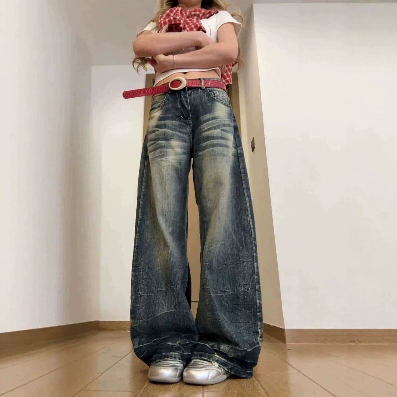 작은 대중 느긋한 아메리칸 2026 여름 와이드 레그 팬츠 대나무 마디 워싱 레트로 슬림해 보이는 불모지 바람 바닥 청소 모통이 칼 청바지 이미지 4
