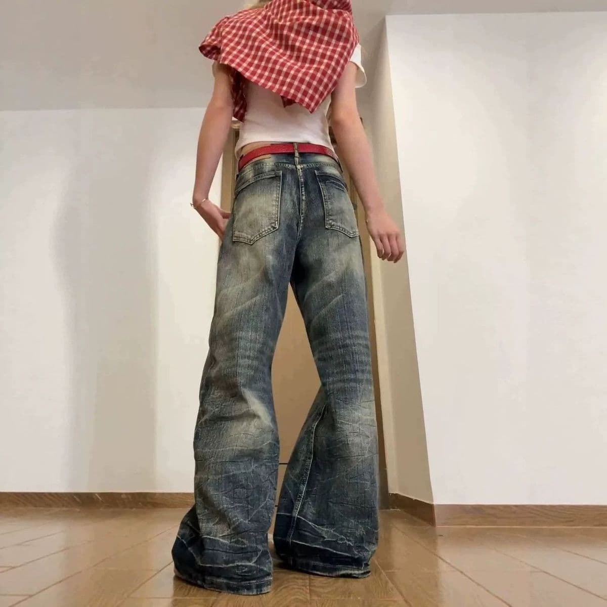 작은 대중 느긋한 아메리칸 2026 여름 와이드 레그 팬츠 대나무 마디 워싱 레트로 슬림해 보이는 불모지 바람 바닥 청소 모통이 칼 청바지 상세 이미지 8