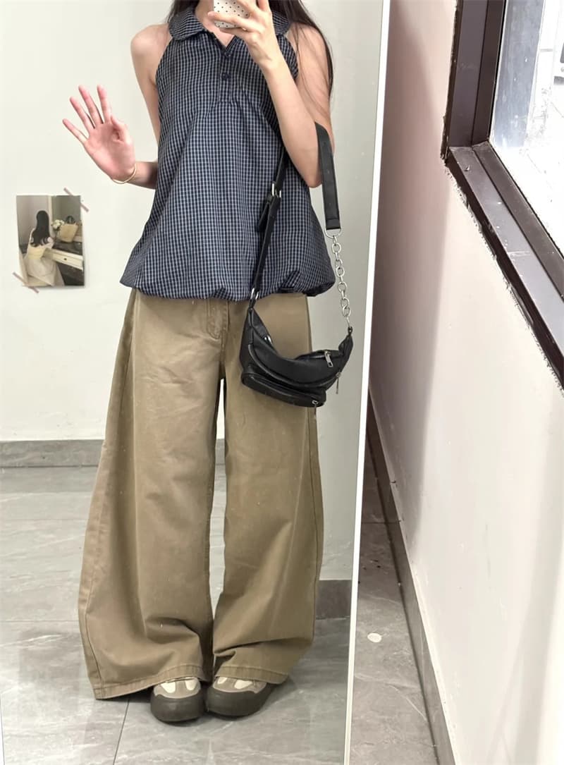 작은 키 카키 색 아메리칸 루즈핏 워싱 넓은 다리 청바지 여성 하이웨이스트 슬림해 보이는 스트레이트 바닥 청소 긴 바지