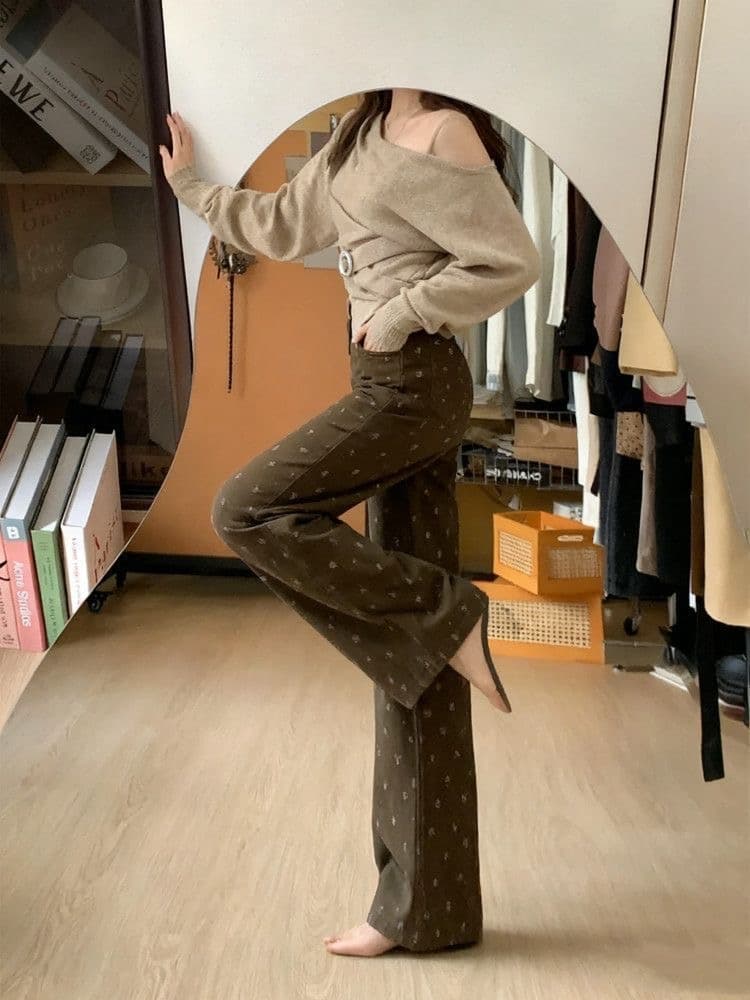 작은 키 아메리칸 레트로 꽃무늬 디자인 넓은 다리 청바지 여성 가을 새로운 하이웨이스트 루즈핏 슬림해 보이는 스트레이트 팬츠 이미지 2