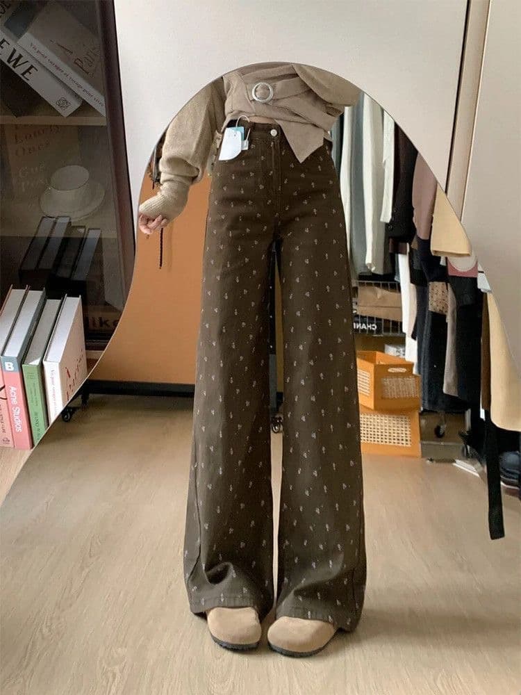 작은 키 아메리칸 레트로 꽃무늬 디자인 넓은 다리 청바지 여성 가을 새로운 하이웨이스트 루즈핏 슬림해 보이는 스트레이트 팬츠 상세 이미지 2