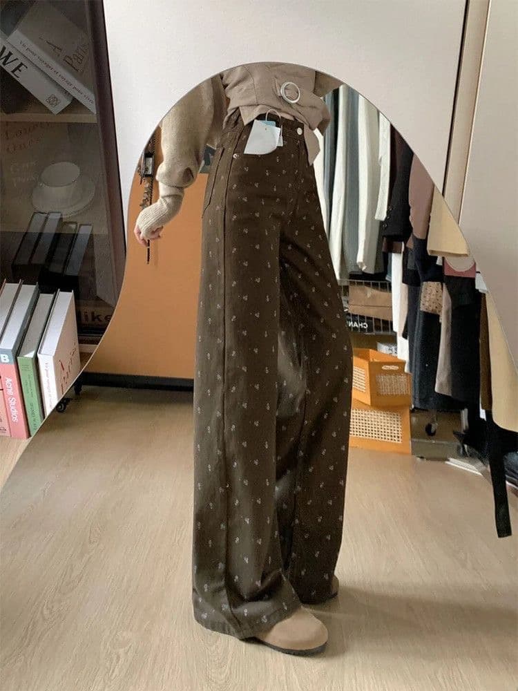 작은 키 아메리칸 레트로 꽃무늬 디자인 넓은 다리 청바지 여성 가을 새로운 하이웨이스트 루즈핏 슬림해 보이는 스트레이트 팬츠 상세 이미지 3