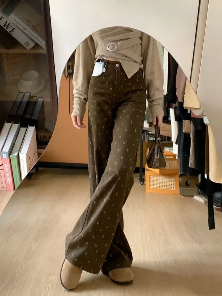 작은 키 아메리칸 레트로 꽃무늬 디자인 넓은 다리 청바지 여성 가을 새로운 하이웨이스트 루즈핏 슬림해 보이는 스트레이트 팬츠 상세 이미지 6