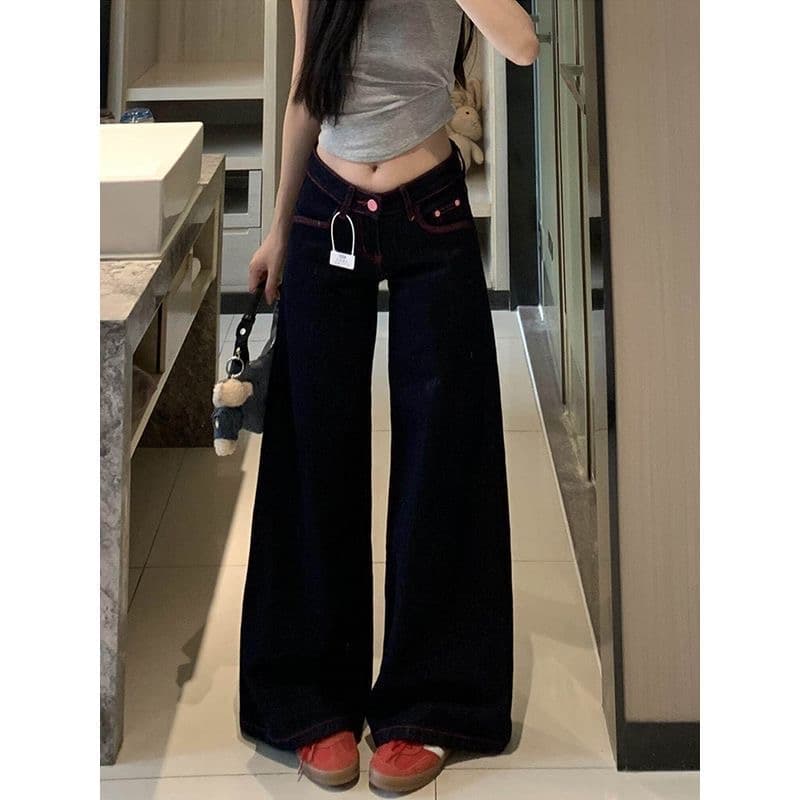 작은 키 아메리칸 핫걸 배색 로우 웨이스트 넓은 다리 청바지 여성 스트레이트 루즈핏 슬림해 보이는 도루 센스 바닥 청소 바지 상세 이미지 2