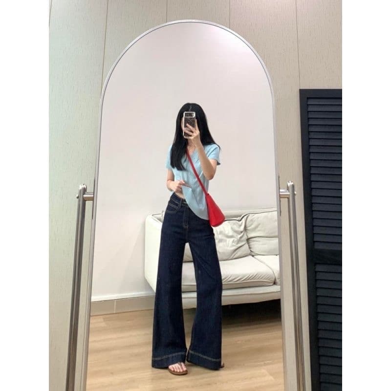 작은 키 아메리칸 단 닝 블루 부츠컷 청바지 여성 새로운 하이웨이스트 도루 센스 루즈핏 슬림해 보이는 넓은 다리 바닥 청소 긴 바지 이미지 2