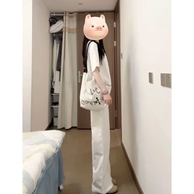 아메리칸 핫걸 화이트 중간 허리 부츠컷 청바지 다용도 슬림해 보이는 캐주얼 트렌드 루즈핏 아니요 막대기 다리 호스 슈 긴 바지 이미지 5