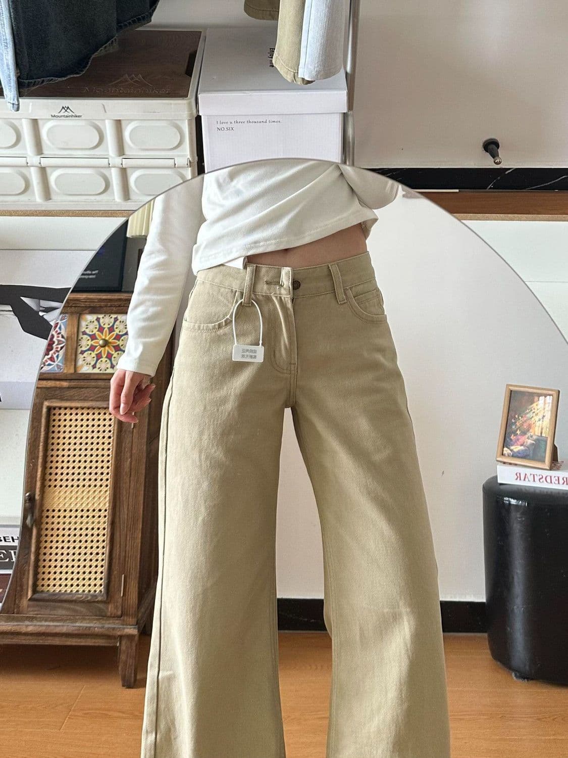 한국 스타일 새로운 작은 키 다용도 카키 색 루즈핏 스트레이트 청바지 여성 레저 로우 웨이스트 ins 마이크로 나팔 바지 상세 이미지 5