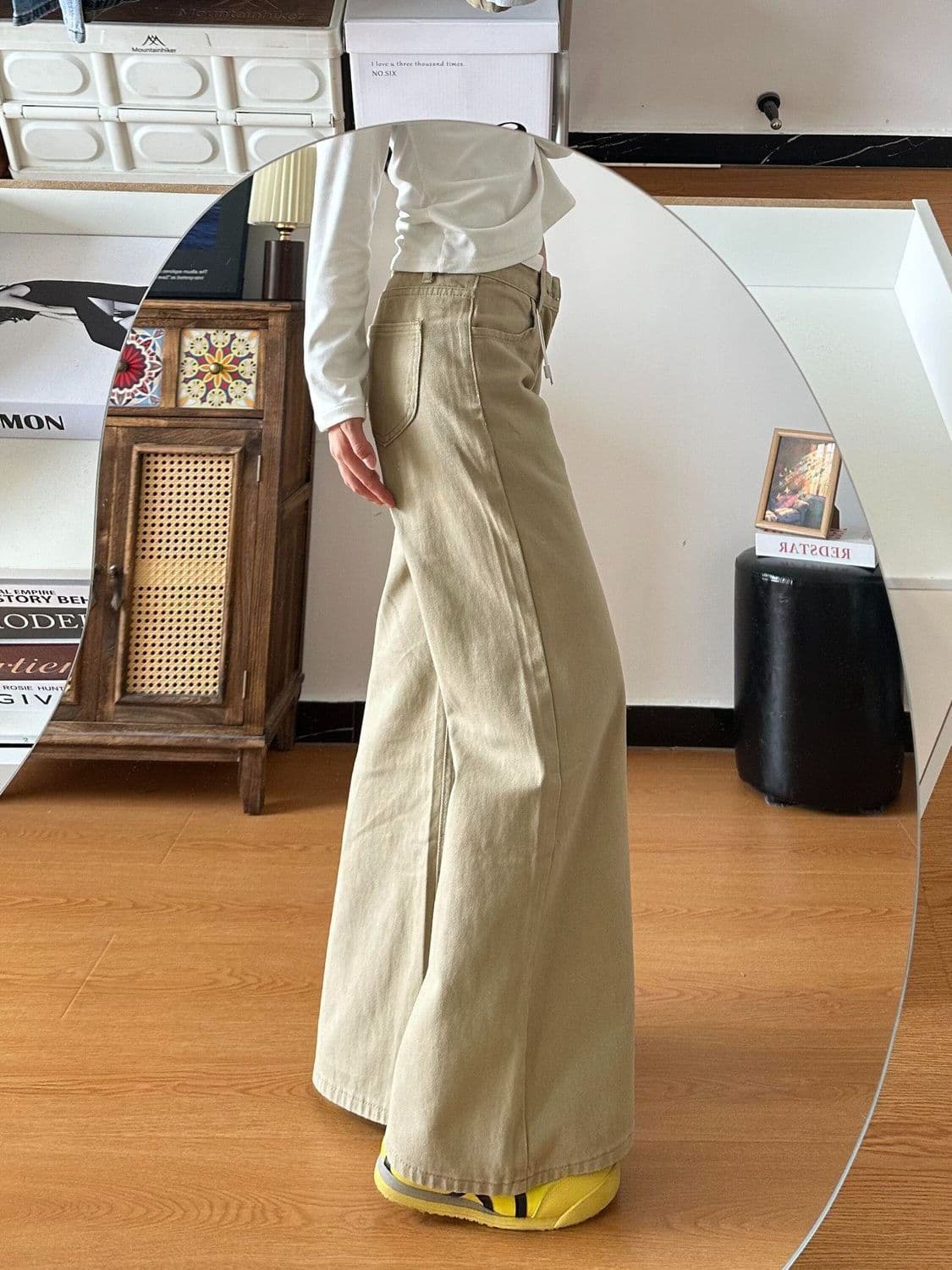 한국 스타일 새로운 작은 키 다용도 카키 색 루즈핏 스트레이트 청바지 여성 레저 로우 웨이스트 ins 마이크로 나팔 바지 상세 이미지 11