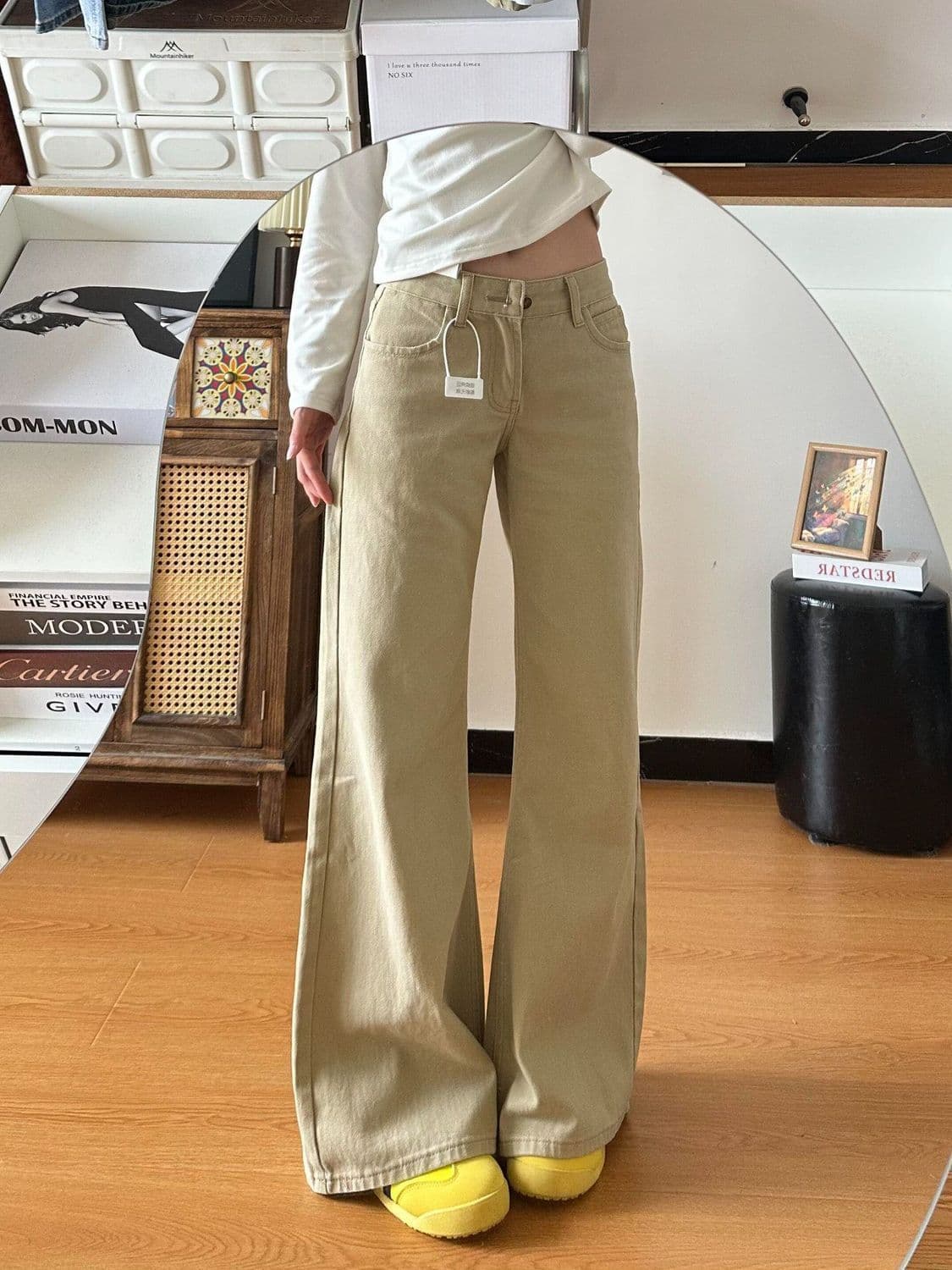 한국 스타일 새로운 작은 키 다용도 카키 색 루즈핏 스트레이트 청바지 여성 레저 로우 웨이스트 ins 마이크로 나팔 바지 상세 이미지 13