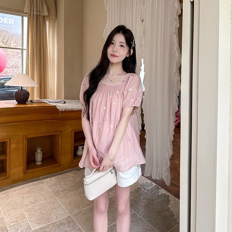 실사 있음 안감 불 투수 출산 착용 셔츠 맨위 여름 드레스 새로운 자수 꽃 쉬폰 셔츠 루즈핏 상세 이미지 21