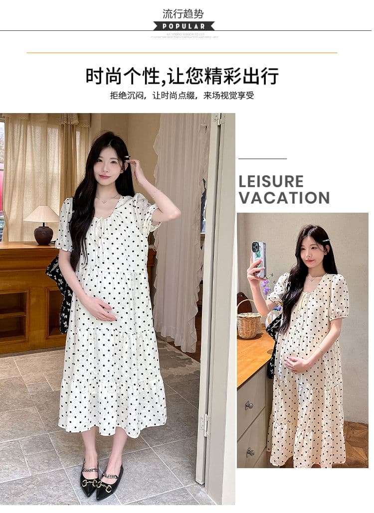 실사 여름 드레스 새로운 한국 스타일 A라인 스커트 루즈핏 임산부 점프 슈트 치마 달콤함 도트 무늬 중간 길이 패션 품격 상세 이미지 3