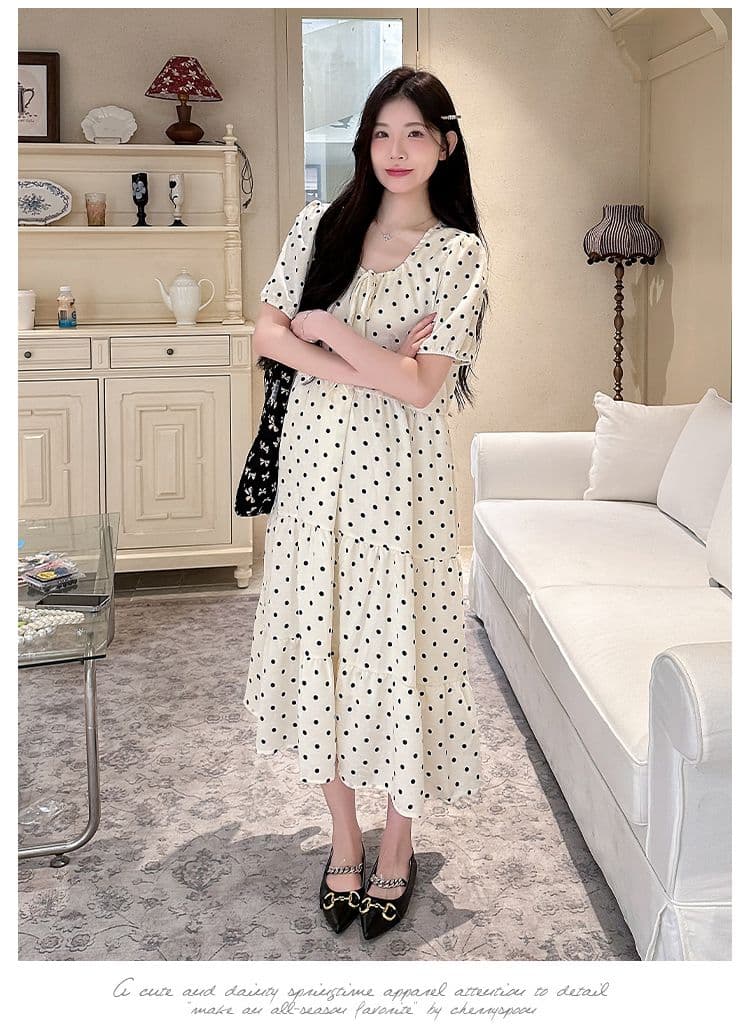 실사 여름 드레스 새로운 한국 스타일 A라인 스커트 루즈핏 임산부 점프 슈트 치마 달콤함 도트 무늬 중간 길이 패션 품격 상세 이미지 10