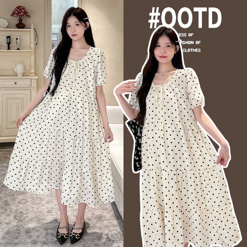 실사 여름 드레스 새로운 한국 스타일 A라인 스커트 루즈핏 임산부 점프 슈트 치마 달콤함 도트 무늬 중간 길이 패션 품격 상세 이미지 14