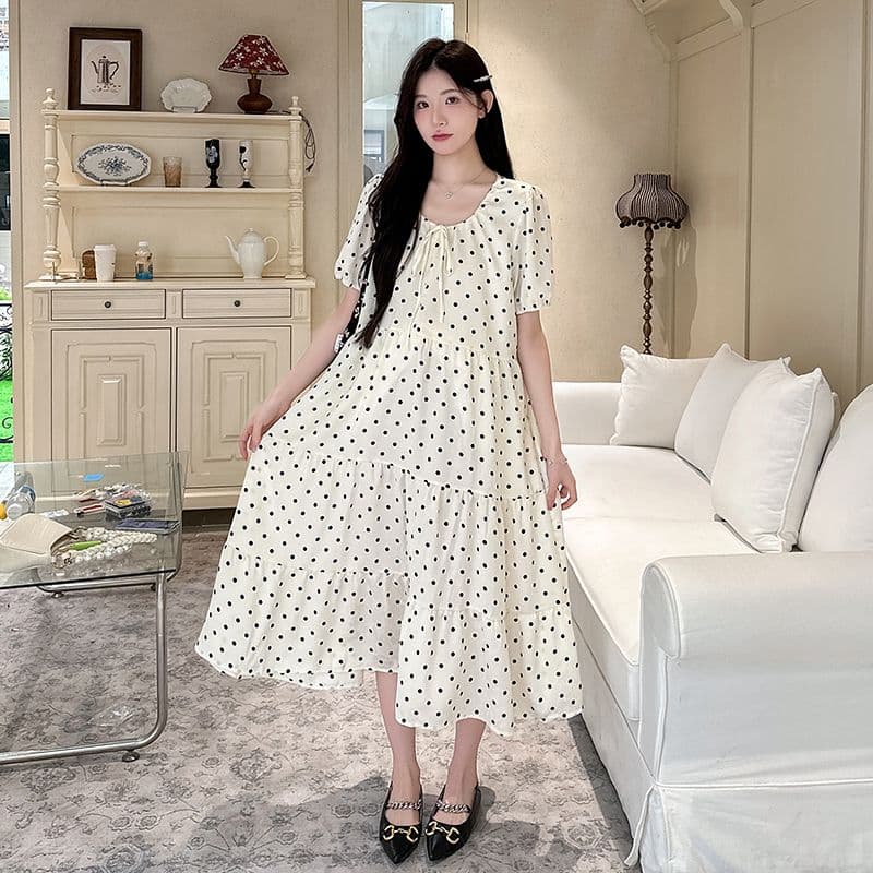 실사 여름 드레스 새로운 한국 스타일 A라인 스커트 루즈핏 임산부 점프 슈트 치마 달콤함 도트 무늬 중간 길이 패션 품격 상세 이미지 16