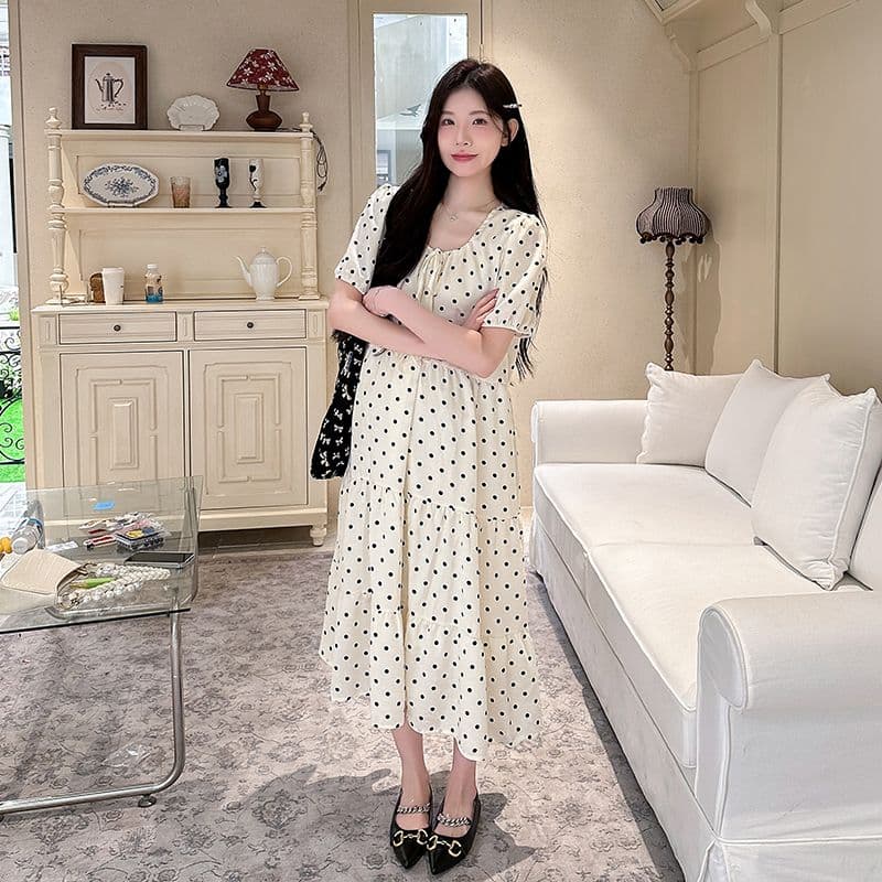 실사 여름 드레스 새로운 한국 스타일 A라인 스커트 루즈핏 임산부 점프 슈트 치마 달콤함 도트 무늬 중간 길이 패션 품격 상세 이미지 17