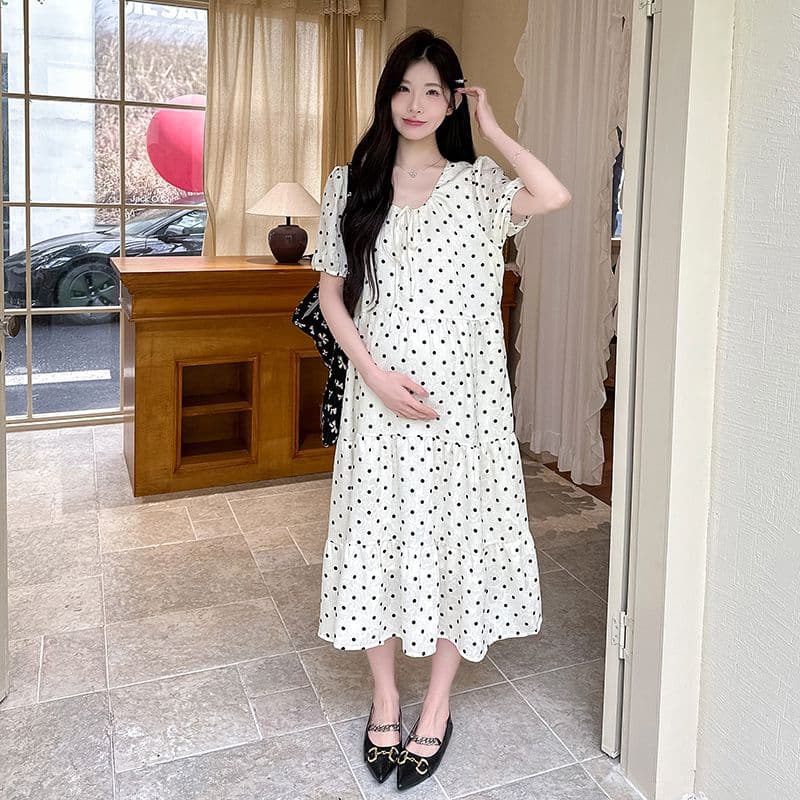 실사 여름 드레스 새로운 한국 스타일 A라인 스커트 루즈핏 임산부 점프 슈트 치마 달콤함 도트 무늬 중간 길이 패션 품격 상세 이미지 18