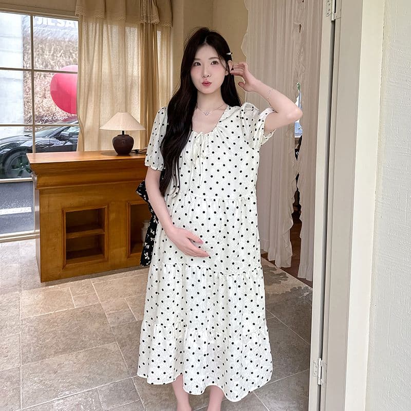실사 여름 드레스 새로운 한국 스타일 A라인 스커트 루즈핏 임산부 점프 슈트 치마 달콤함 도트 무늬 중간 길이 패션 품격 상세 이미지 22
