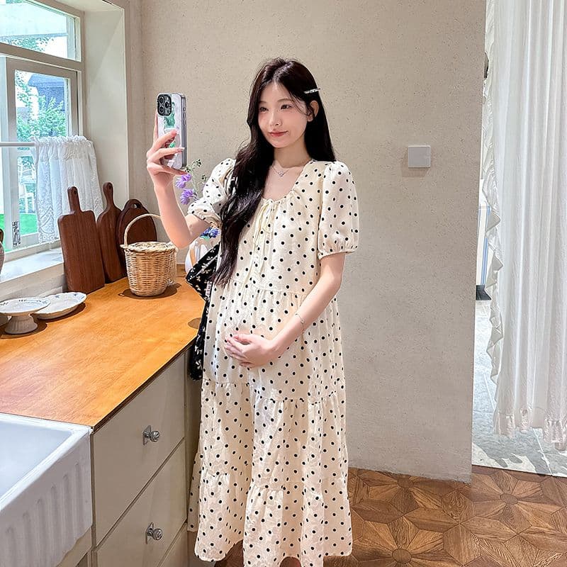 실사 여름 드레스 새로운 한국 스타일 A라인 스커트 루즈핏 임산부 점프 슈트 치마 달콤함 도트 무늬 중간 길이 패션 품격 상세 이미지 23