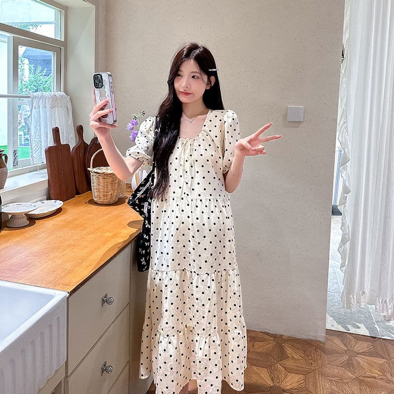 실사 여름 드레스 새로운 한국 스타일 A라인 스커트 루즈핏 임산부 점프 슈트 치마 달콤함 도트 무늬 중간 길이 패션 품격 상세 이미지 24