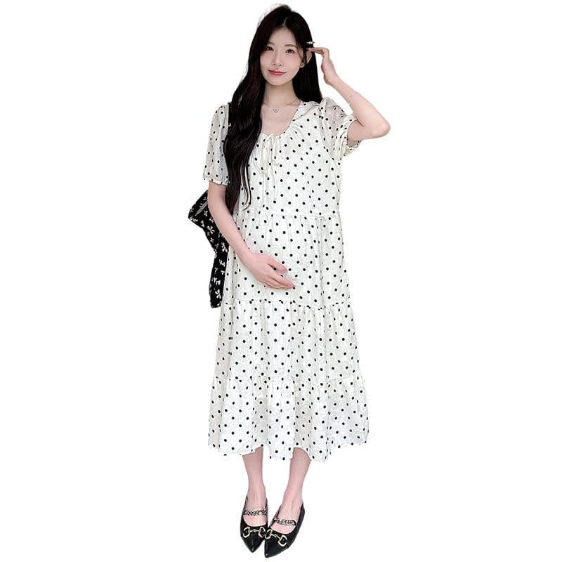 실사 여름 드레스 새로운 한국 스타일 A라인 스커트 루즈핏 임산부 점프 슈트 치마 달콤함 도트 무늬 중간 길이 패션 품격 상세 이미지 27