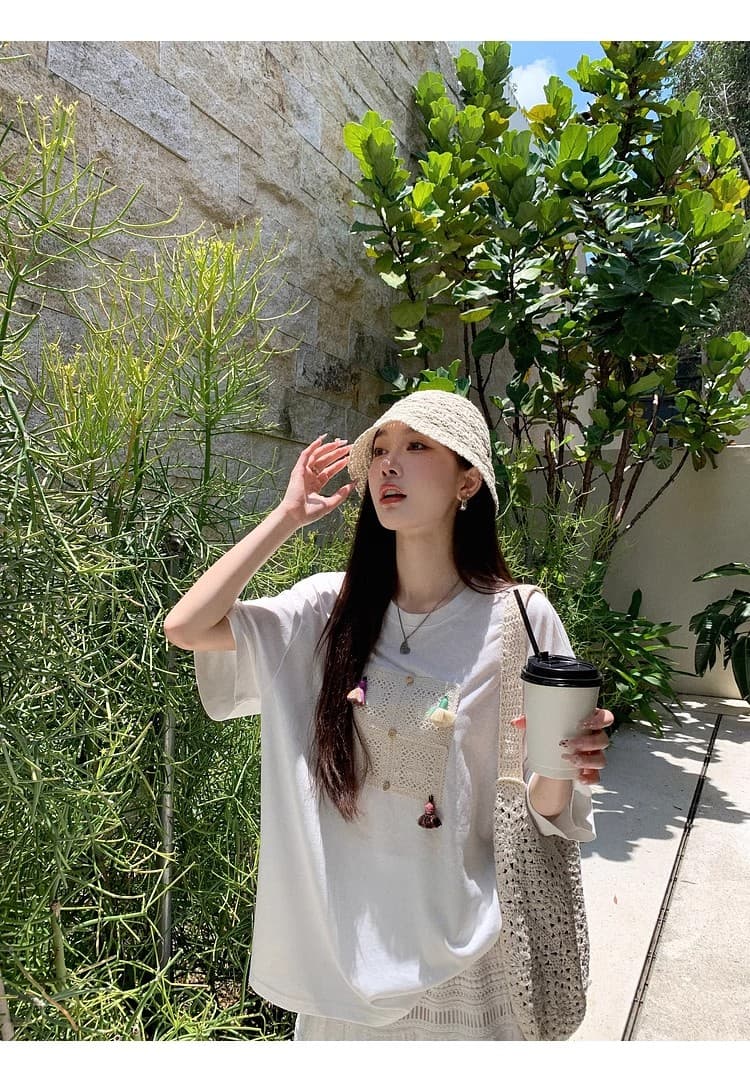 출산 착용 동정 2026 새로운 민족 스타일 레이스 자수 술 티셔츠 출퇴근 다용도 라운드 넥 반팔 맨위 상세 이미지 6