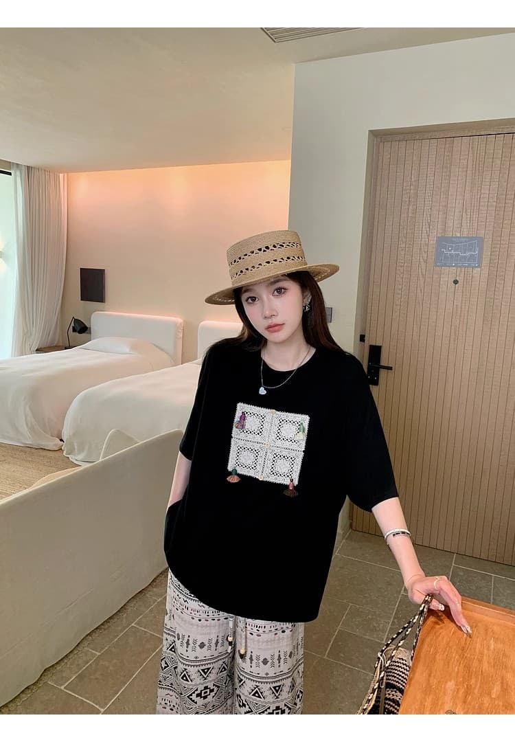 출산 착용 동정 2026 새로운 민족 스타일 레이스 자수 술 티셔츠 출퇴근 다용도 라운드 넥 반팔 맨위 상세 이미지 12