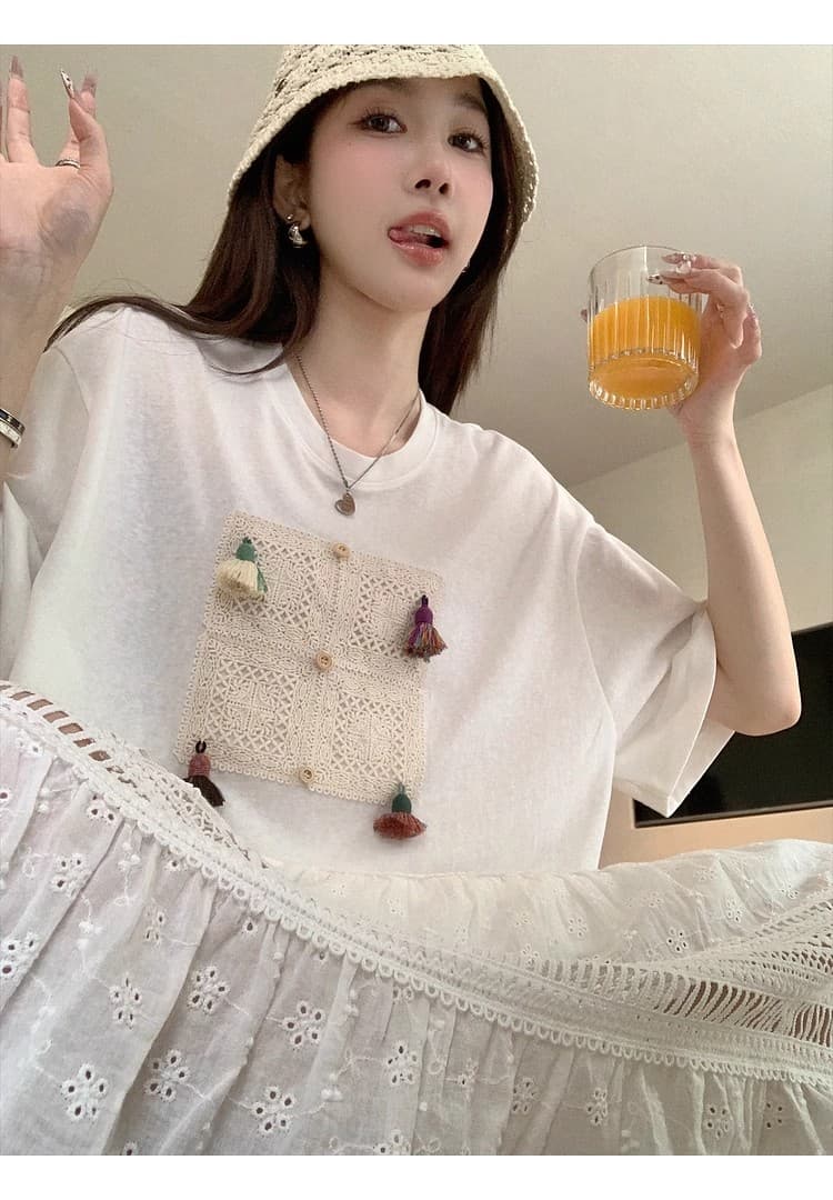 출산 착용 동정 2026 새로운 민족 스타일 레이스 자수 술 티셔츠 출퇴근 다용도 라운드 넥 반팔 맨위 상세 이미지 25