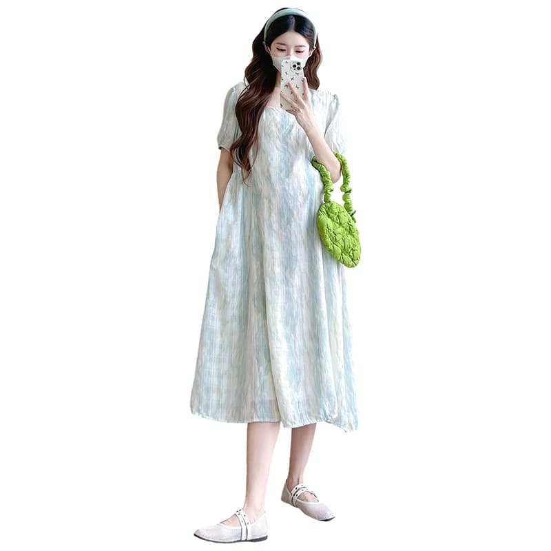 질량 실사 출산 착용 드레스 여름 드레스 2026 새로운 중간 길이 치마 박하 남자 웨이브 홀치기 염색 루즈핏 빅 사이즈 상세 이미지 18