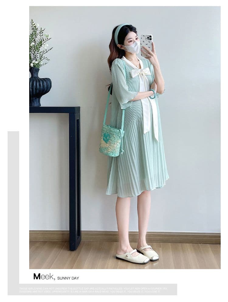 실사 출산 착용 드레스 2026 여름 새로운 쉬폰 리본 나비 매듭 폴딩 임산부 치마 상세 이미지 14