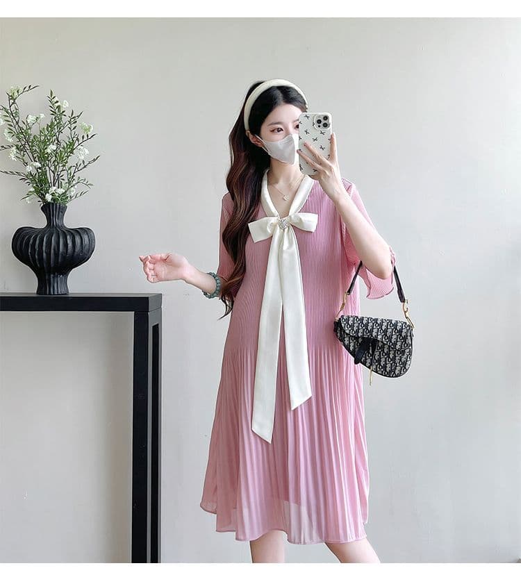 실사 출산 착용 드레스 2026 여름 새로운 쉬폰 리본 나비 매듭 폴딩 임산부 치마 상세 이미지 20
