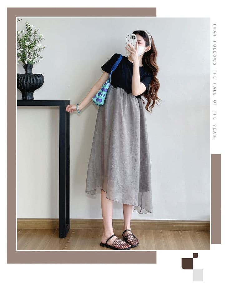 실사 슈퍼 연령 감소 출산 착용 드레스 여름 드레스 새로운 패치워크 쉬폰 스커트 여름 페이크 레이어드 치마 상세 이미지 4