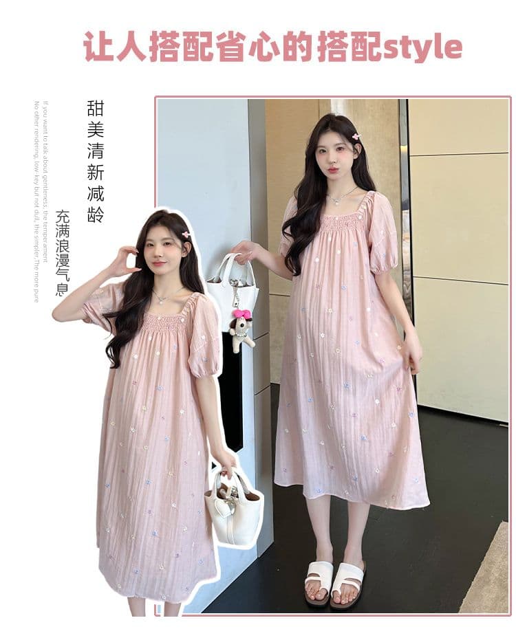 실사 출산 착용 드레스 여름 드레스 2026 새로운 자수 꽃무늬 쉬폰 스커트 중간 길이 광장 칼라 치마 상세 이미지 1